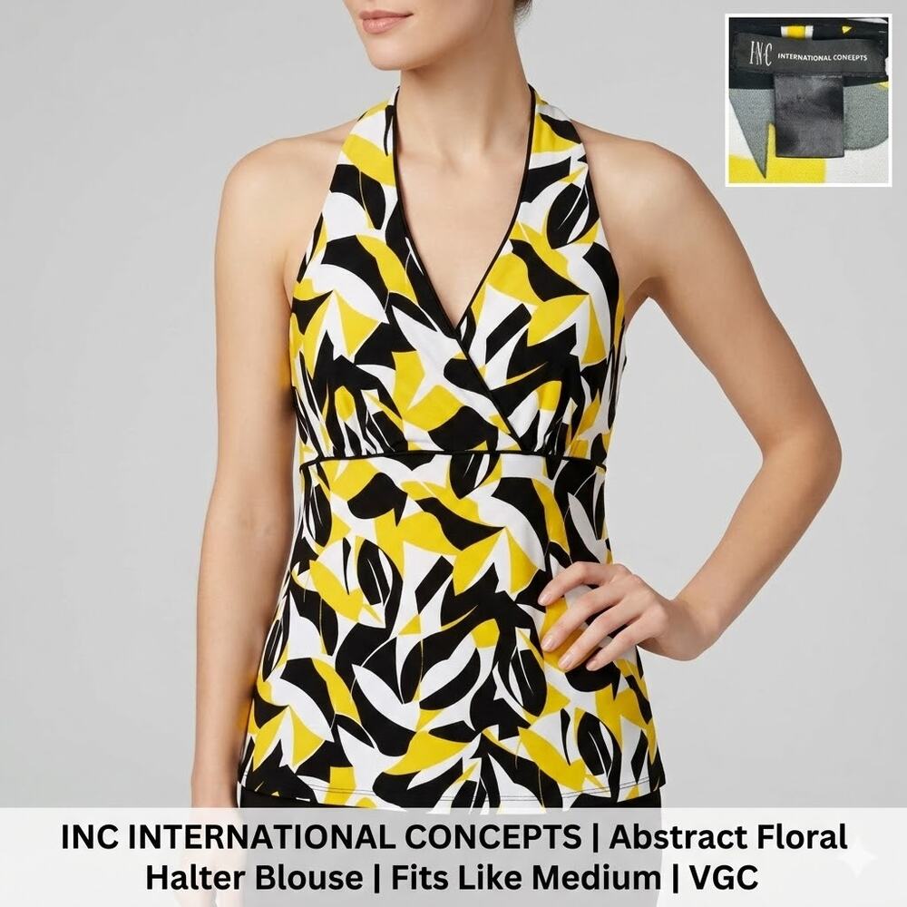 INC International Concepts Yellow Black Abstract Floral Halter Blouse Medium